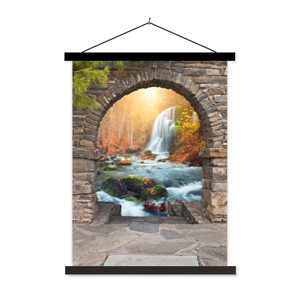 MuchoWow Textilposter Aussicht - Wasserfall - Herbst - Landschaft 60x80 cm mit schwarzem Rahmen - Plakathalter