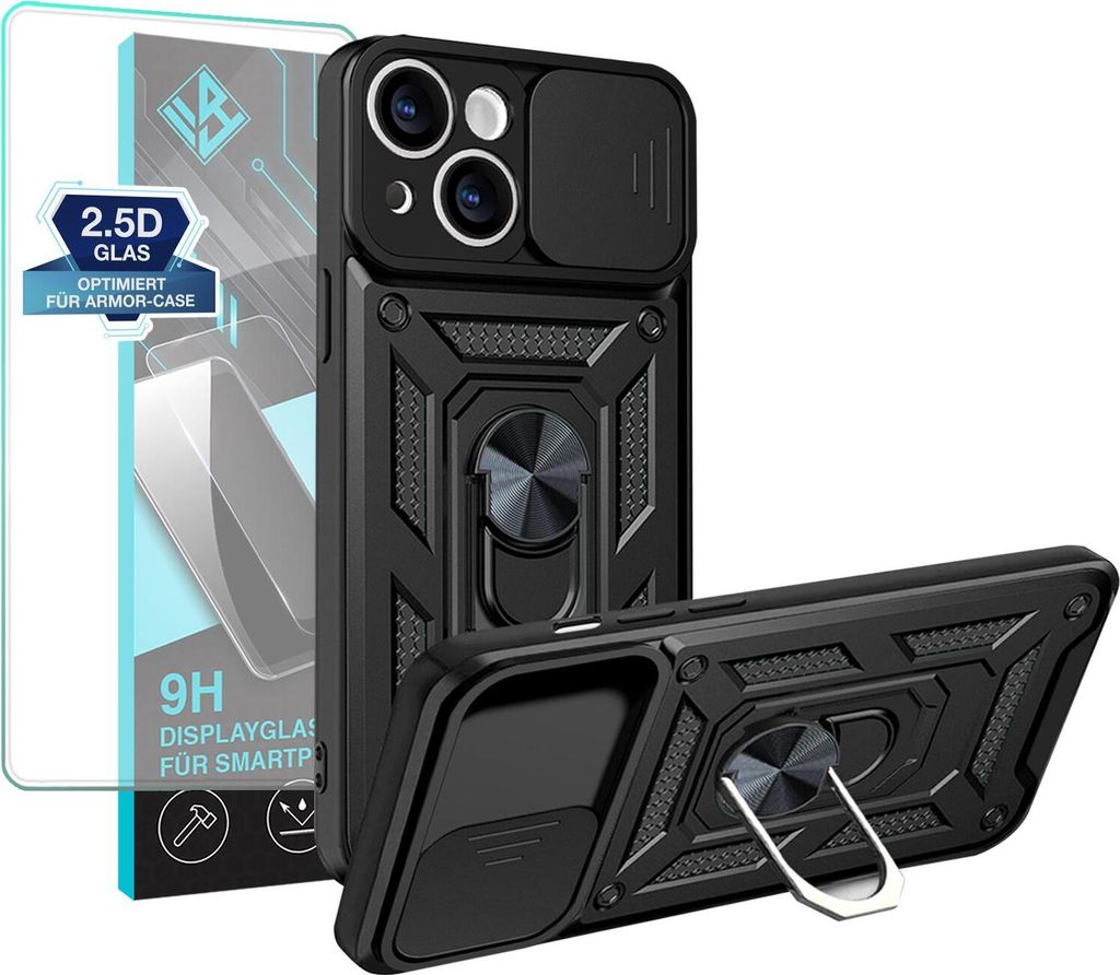 Armor Handyhülle für Apple iPhone 13 mit 9H Displayglas Displayschutz Kameraschutz Handy Panzer Case Cover Schutzhülle Outdoor Farbe: Schwarz