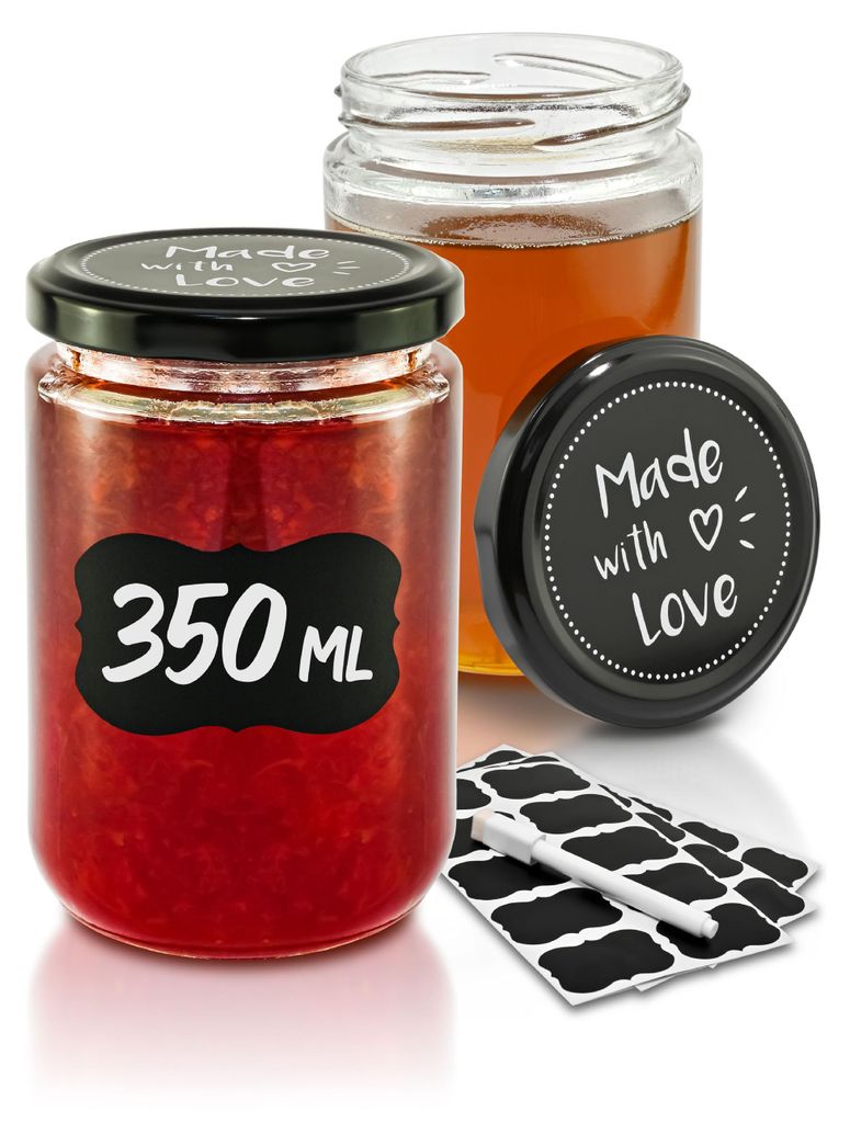 12 Einmachgläser mit Deckel 350ml - Mit Etiketten & Stift - Luftdicht - Spülmaschinenfest - Ideal zum Verschenken