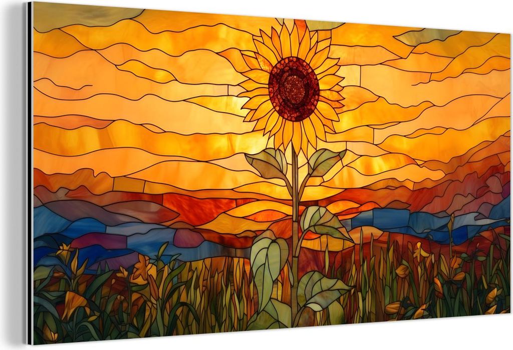 MuchoWow Wanddekoration Metall Metallbild Wandkunst 120x60 cm Sonnenblume - Mosaik - Sonnenuntergang - Gelb MuchoWow Aluminium Gemälde - Metalbilder