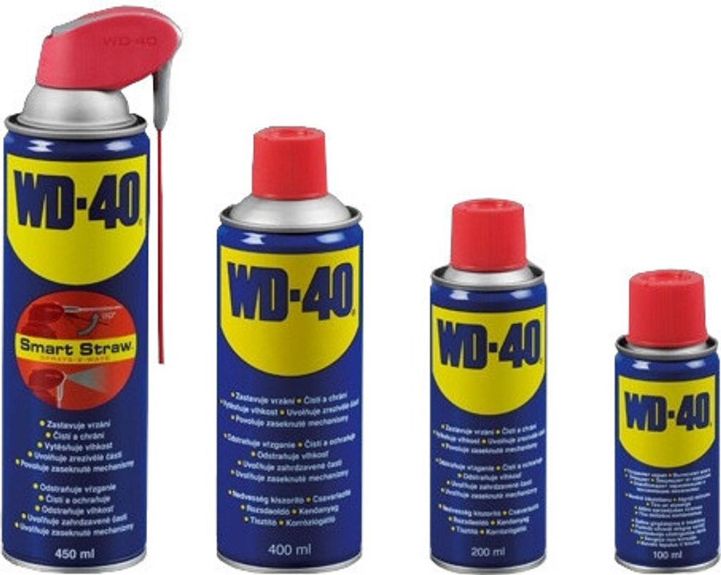 Four cans of WD-40 lubricant in different sizes are displayed against a white background.