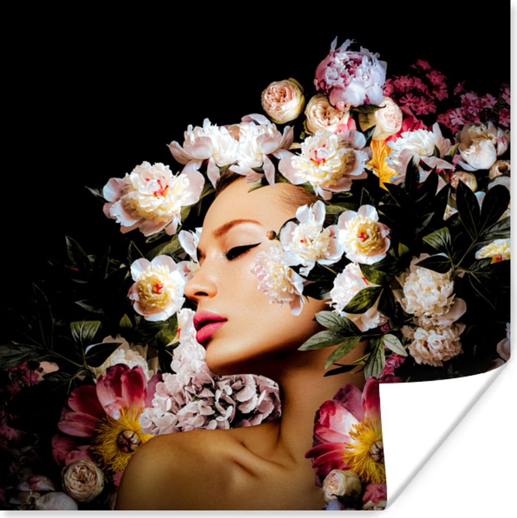 MuchoWow Poster Frauen - Blumen - Rosen - Porträt 50x50 cm - Wohnzimmerdekoration