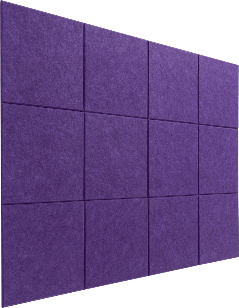A wall covered with purple acoustic panels.