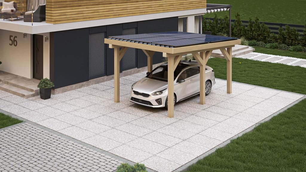 Carport 3,6x5m KVH Massivholz Flachdach Garage Photovoltaik 4 Solarmodule 0% MwSt.