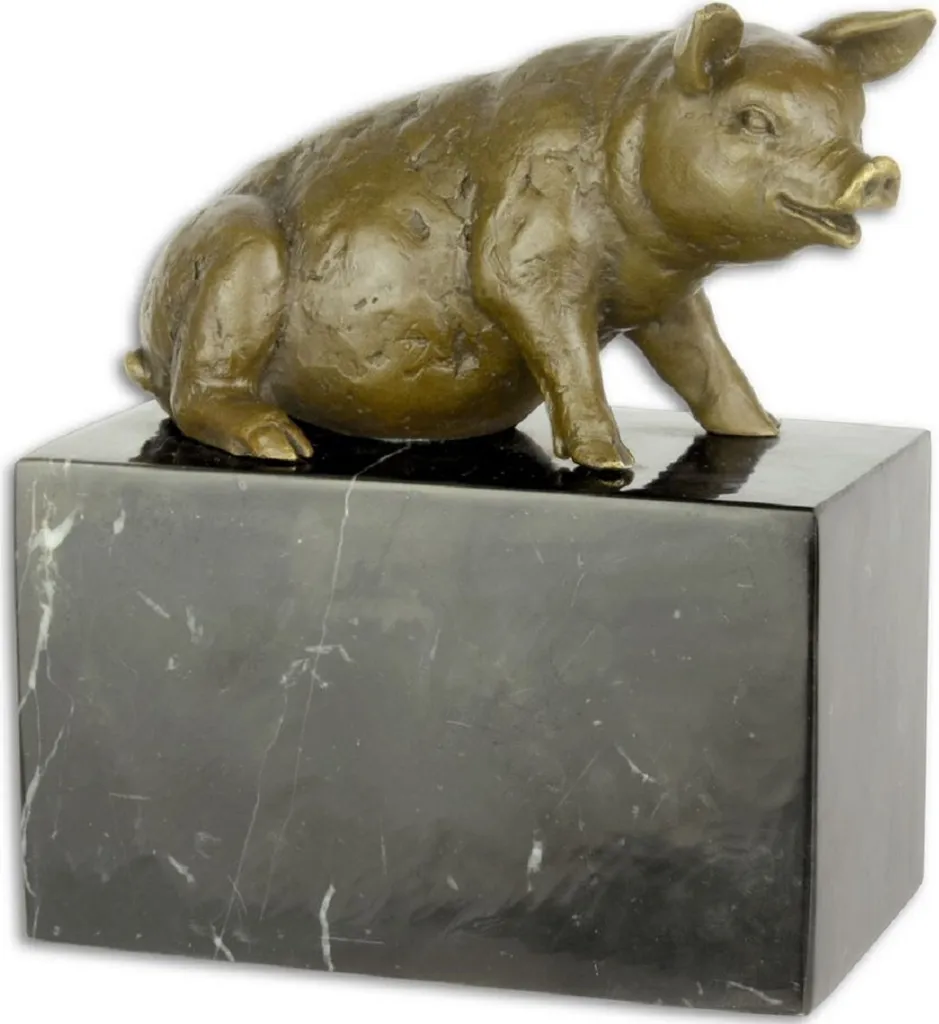 Statue Décorative Cochon en Bronze sur Socle Marbre pour Salon Chic