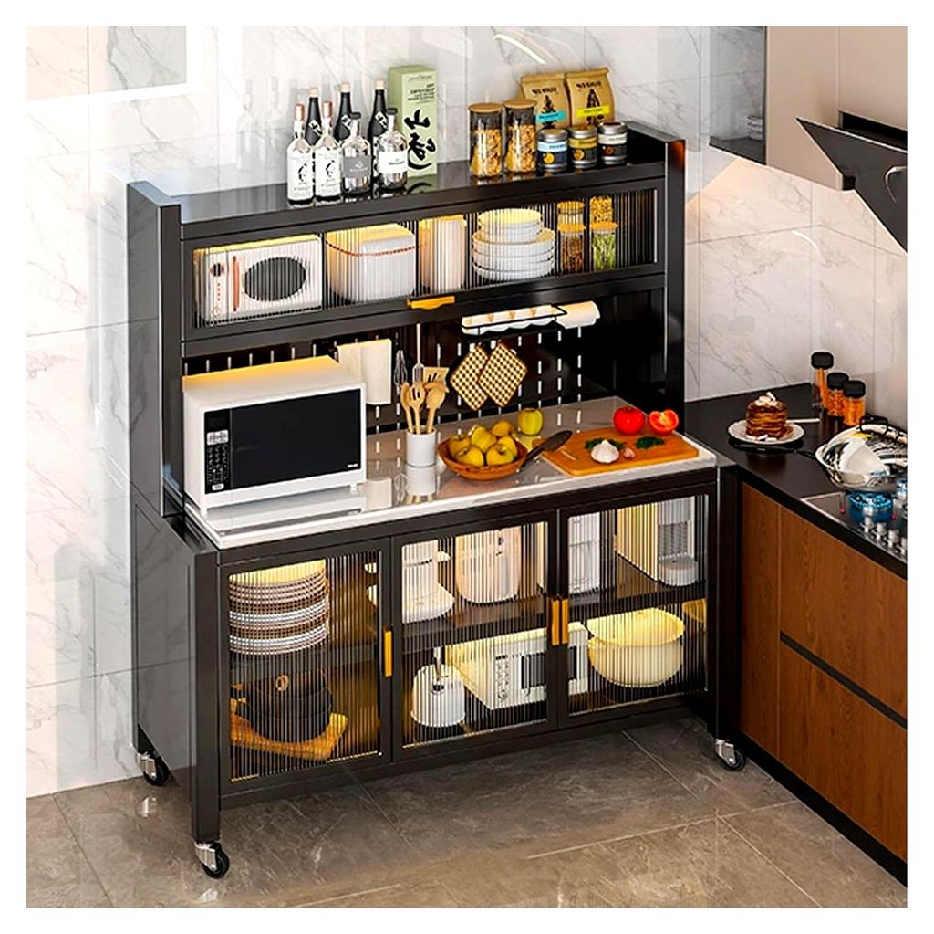Stallschrank mit Stauraum, Kaffeebar auf Rollen und Haken, Acryltüren, verstellbare Regale, Küchenregal für Esszimmer, Wohnzimmer, Café, Abstel...