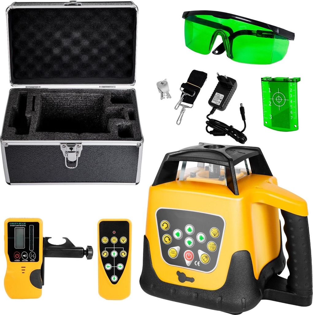 Rotationslaser-Set - Baulaser Nivelliergerät - 500 m Reichweite - Grüner Strahl - Neigung einstellbar - 360° Drehung - Mit Stativ & Messlatte - ...