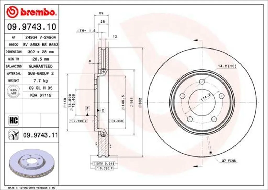 Disque de frein avant pour Voyager III et IV Brembo 09.9743.11 281mm