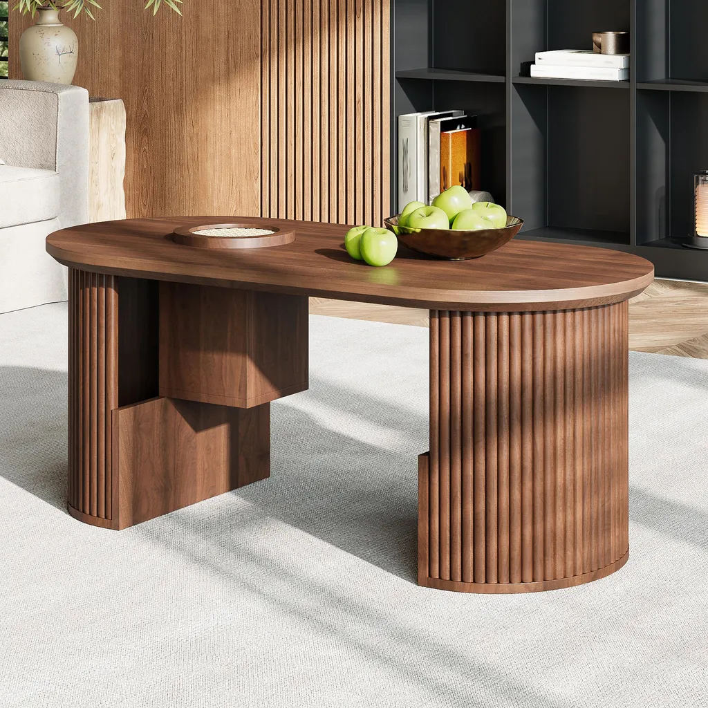 Table de salon ovale avec étagères et compartiments effet noyer brun - 5