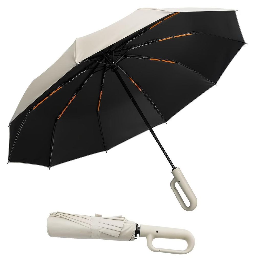 Automatischer Faltregenschirm mit Karabiner-Griff – Winddicht, Beige