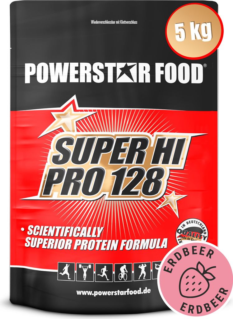 Powerstar SUPER HI PRO 128 | Mehrkomponenten Protein-Pulver 5kg | Höchste Biologische Wertigkeit | Protein-Shake zum Muskelaufbau | Strawberry