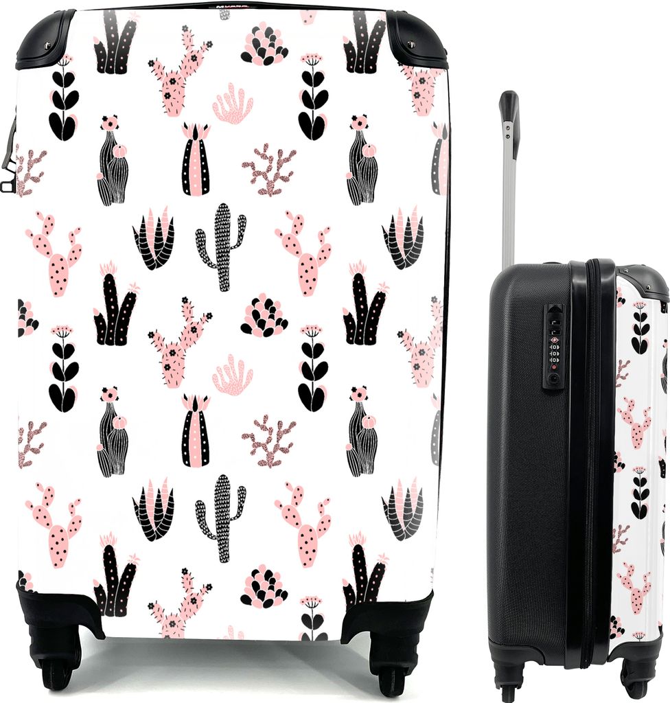 MuchoWow MuchoWow Koffer Handgepäck Trolley Rollkoffer Kleine Reisekoffer mit 4 Rollen - Mädchen - Kaktus - Rosa - Muster - Mädchen - Kinder...