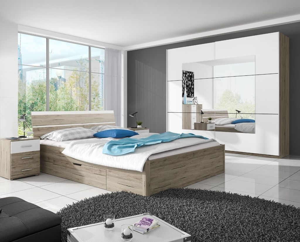 Schlafzimmer Möbel-Set mit Schwebetürenschrank in Sanremo Eiche Nb. mit weiß BIRMINGHAM-83 Liegefläche 180x200 cm