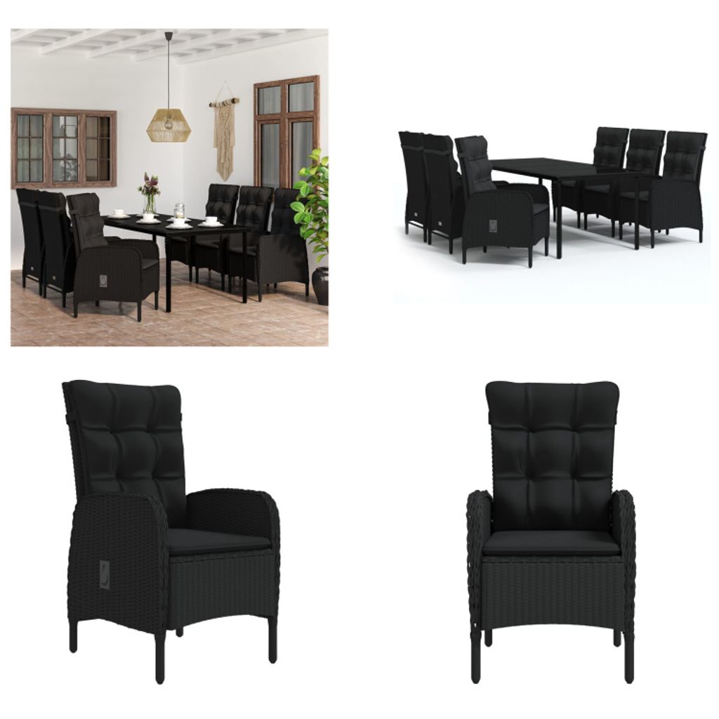 vidaXL 7 tlg. Garten Essgruppe mit Kissen Schwarz - Garten Essgruppe - Garten Essgruppen - Gartenmöbel Set - Garten Möbelset