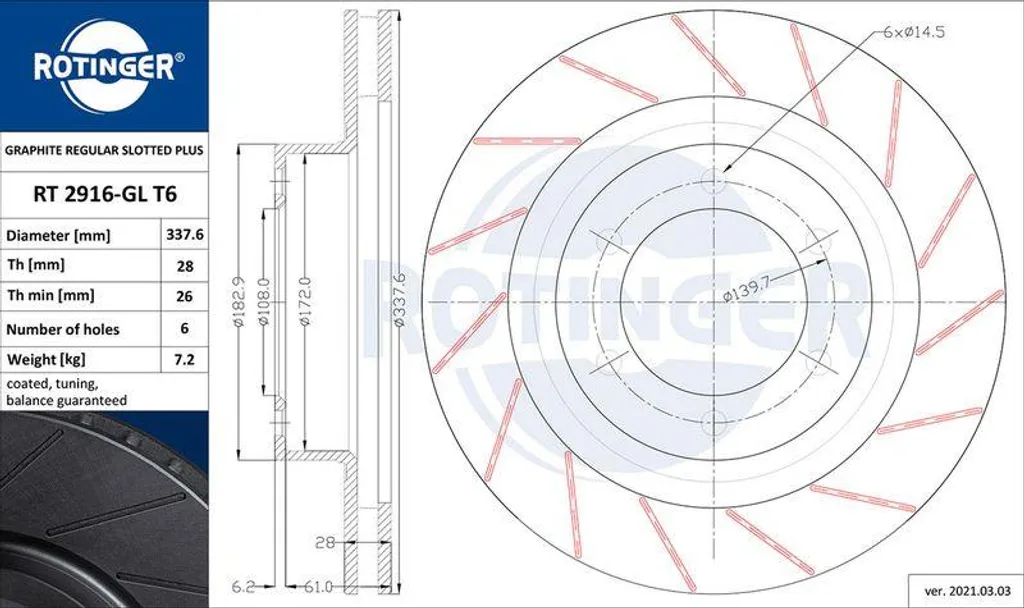 Disque de frein ROTINGER RT 2916-GL T6 pour Land Cruiser 4351260150