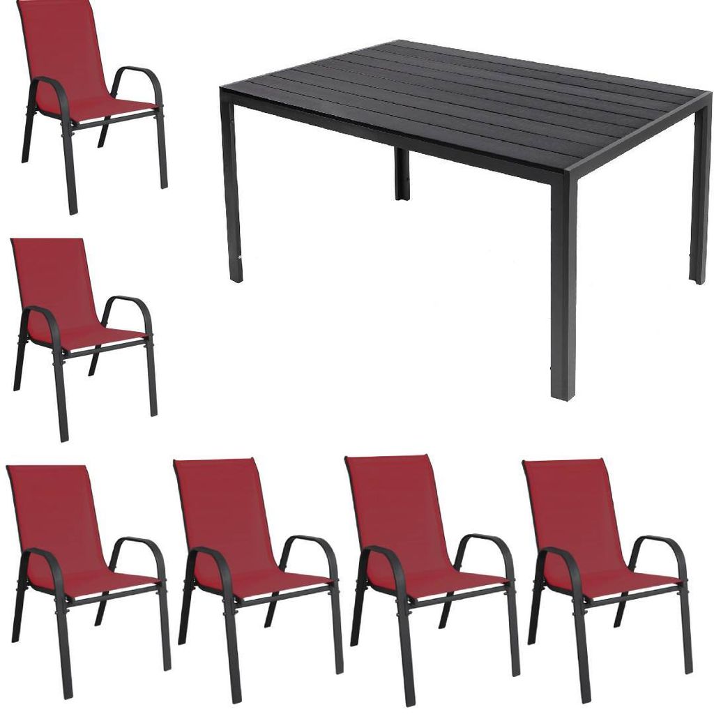 Gartenmöbel Set Alu Tisch 7-tlg. 6x Stapelsessel Essgruppe Gartenset Gartentisch Sitzgruppe burgundrot