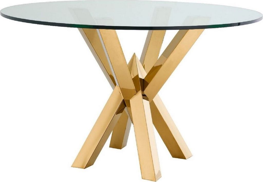 Casa Padrino Luxus Esstisch Gold Ø 125 x H. 75 cm - Runder Edelstahl Küchentisch mit Glasplatte - Luxus Esszimmermöbel