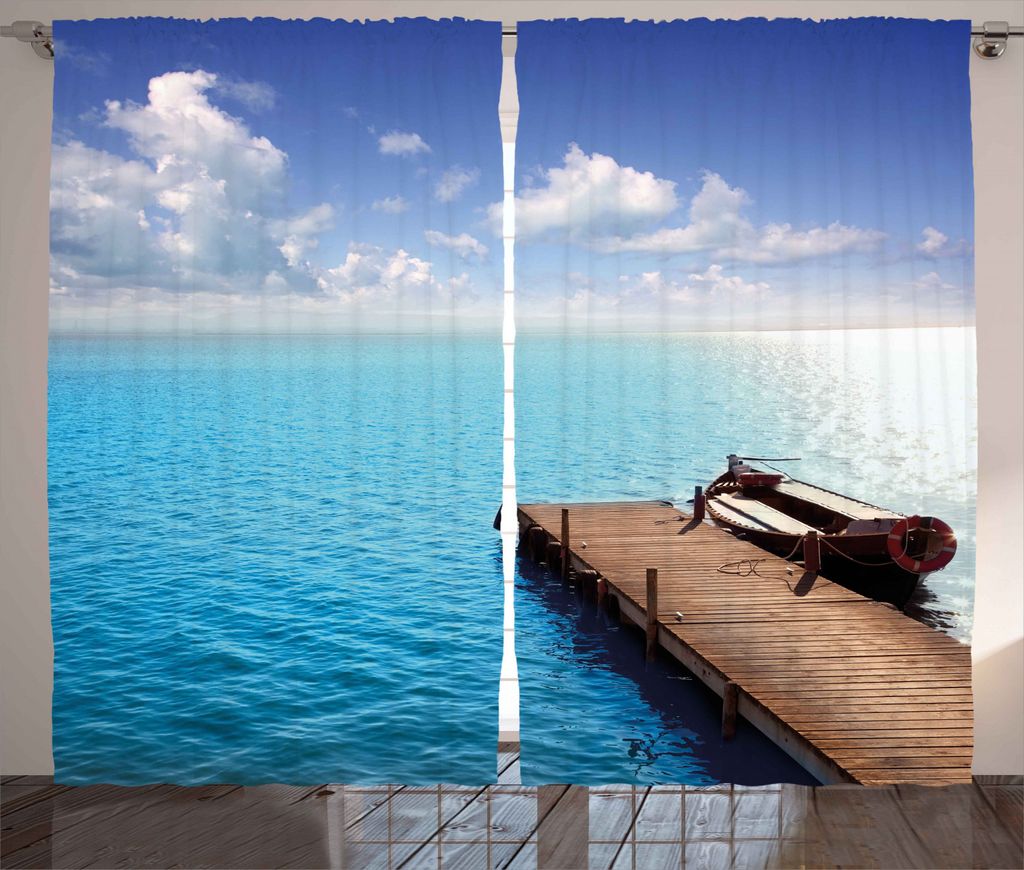 ABAKUHAUS Sommer Rustikaler Vorhang, Holzdeck auf einem See, Wohnzimmer Universalband Gardinen mit Schlaufen und Haken, 280 x 245 cm, Violett Blau ...