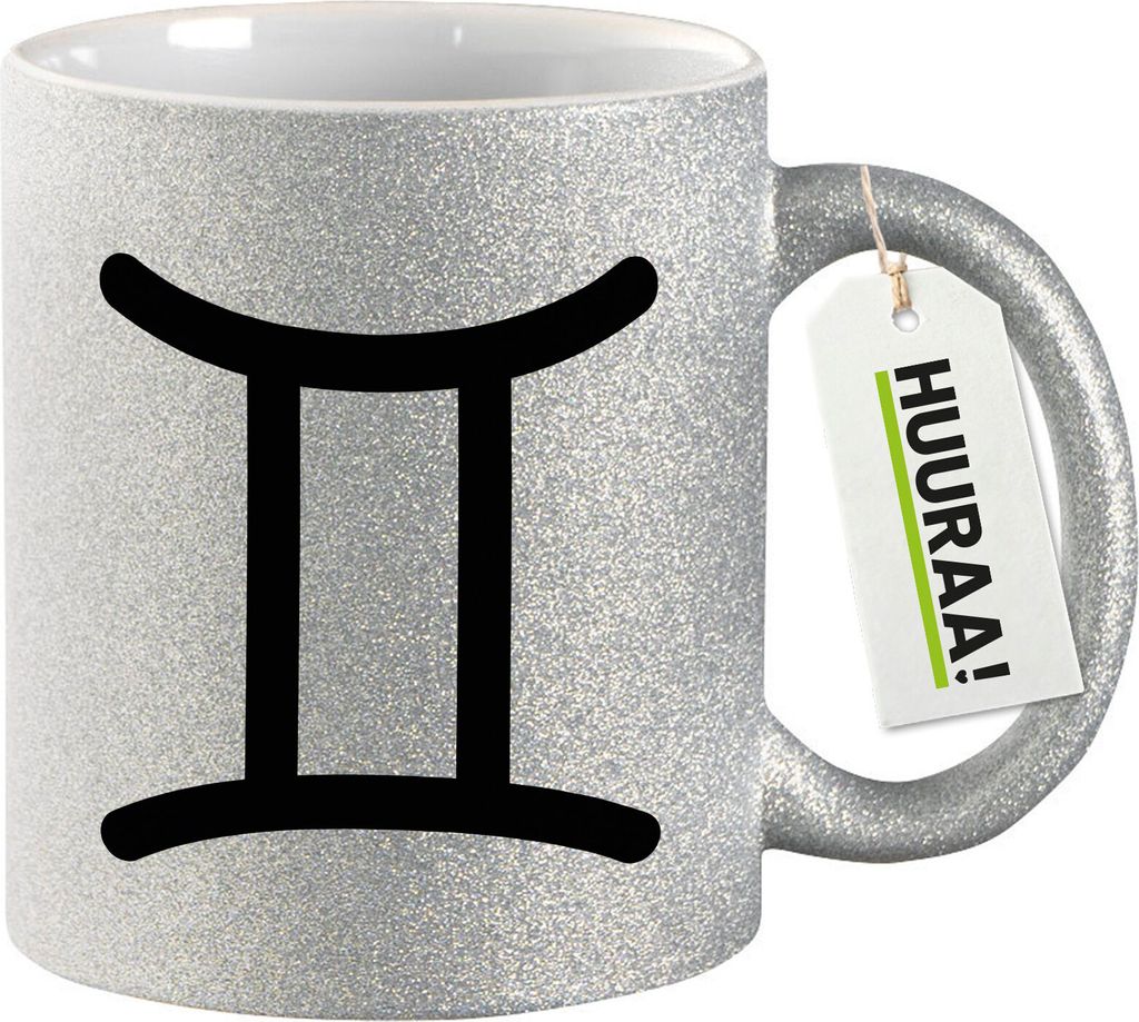 Huuraa Glitzertasse Zwillinge Sternzeichen Zeichen 330ml Silber Keramik Kaffeebecher Geschenkidee