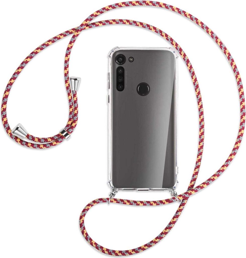Handykette Backcover-Schutzhülle mit Band (Metall silberfarben) für Motorola Moto G8 - weinrot/gelb/grau