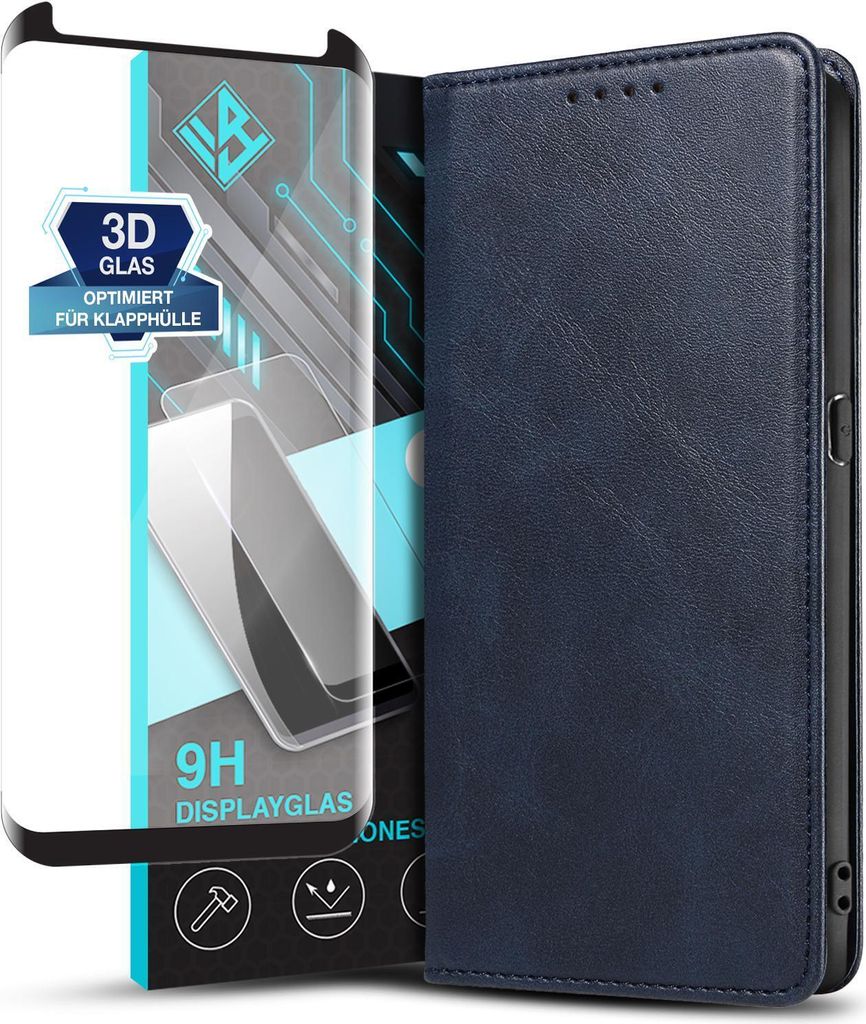 Handyhülle für Samsung Galaxy S8 mit 9H Displayglas Kunstleder Flip Cover Hülle Handytasche Case Kartenfach Farbe: Blau
