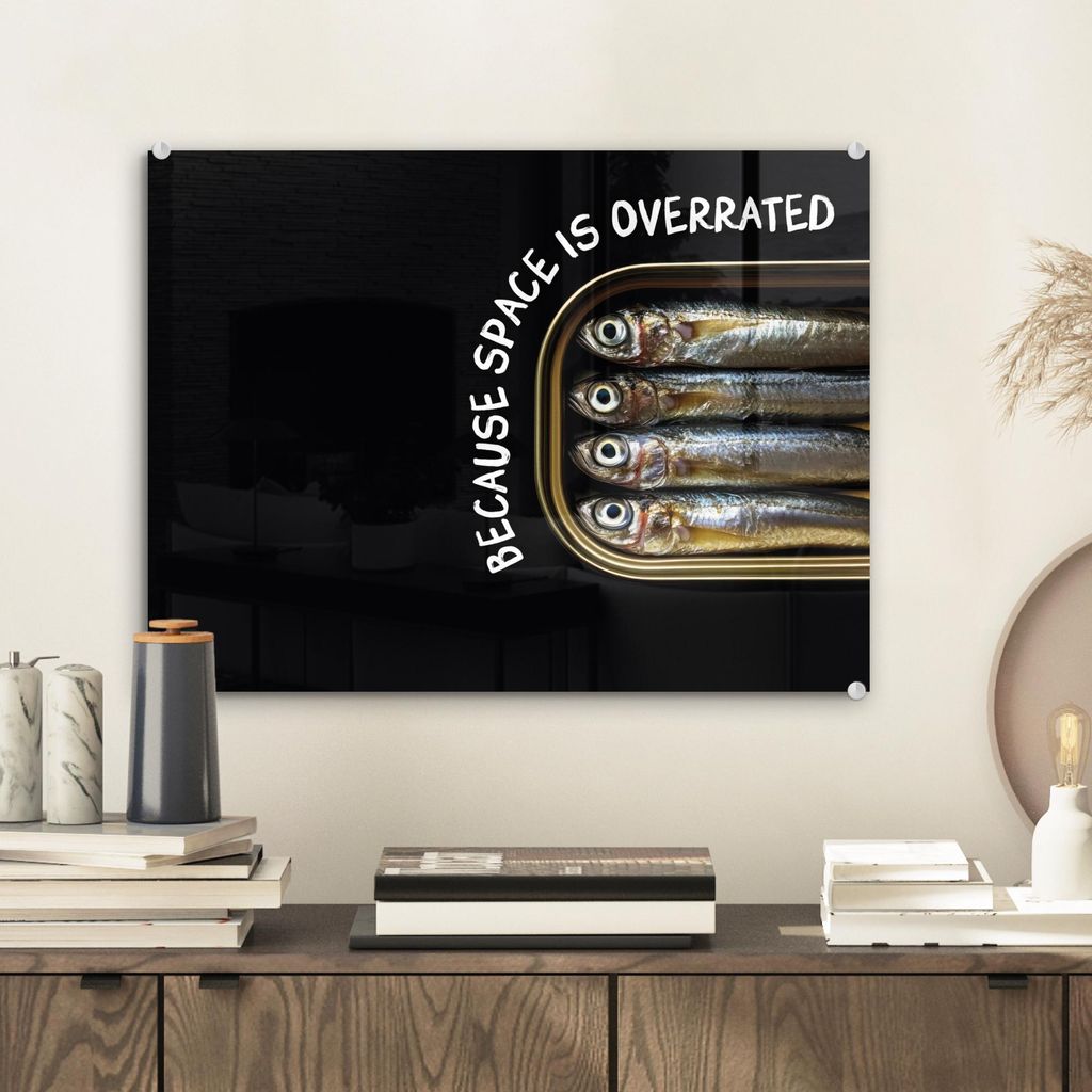 MuchoWow Glasbilder - Bilder auf Wandbild - Foto auf Glas Sardinen - Text - Fisch - Konserven 40x30 cm Wanddekoration aus Glas - Acrylglasbild - Ac...