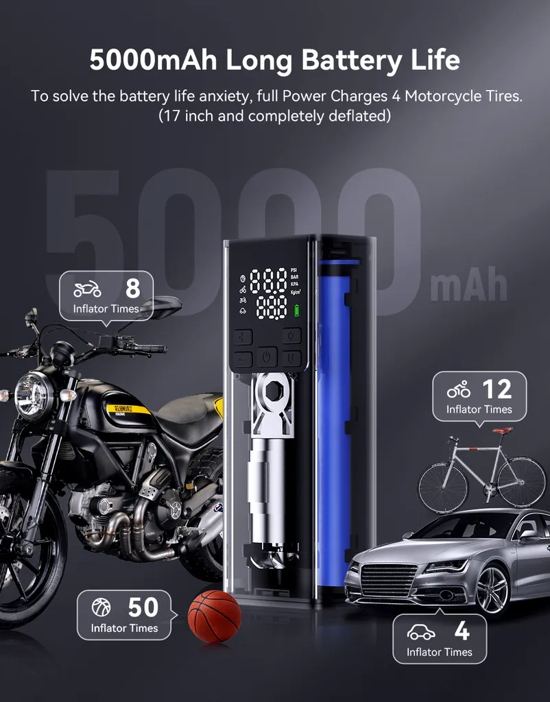 Mini Pompe à Air 5000mAh intelligente, Compresseur LED haute précision - 5
