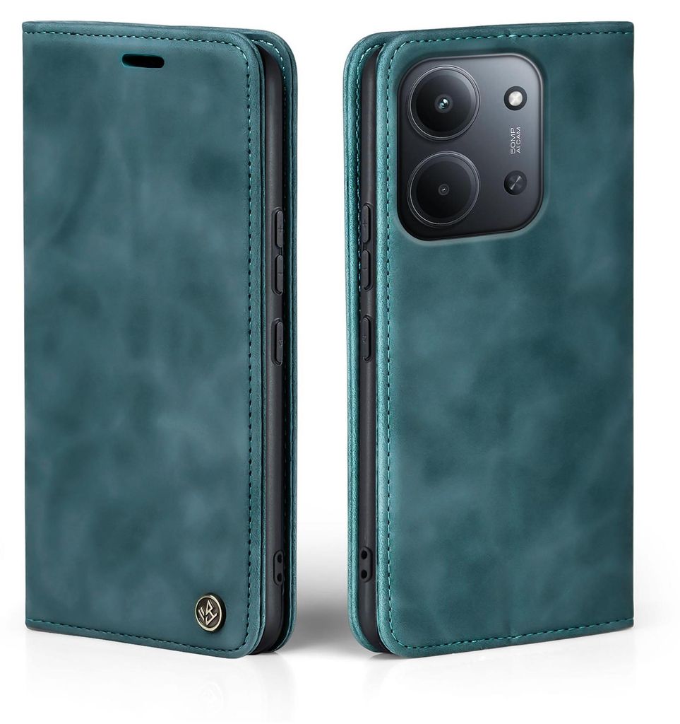 A teal flip-style phone case is shown from two angles, one closed and one open to reveal a phone inside.