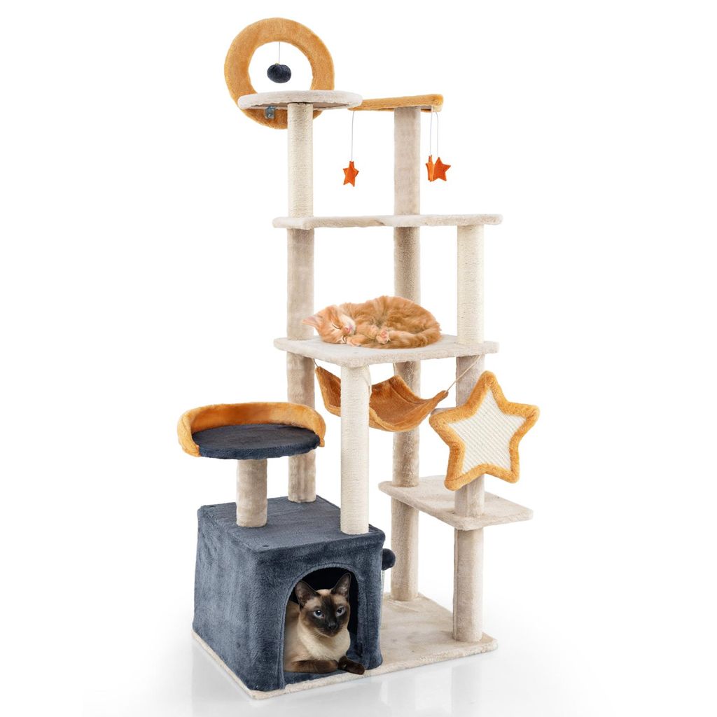A multi-level cat tree with various platforms, a hammock, a house, and toys, featuring two cats.