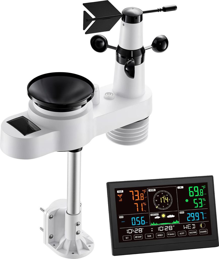 SucceBuy 5-in-1-WLAN-Wetterstation mit 7,5-Zoll-VA-Display, solarbetriebenem Außensensor, Wettercenter für Vorhersagen, Messung von Windgeschwind...