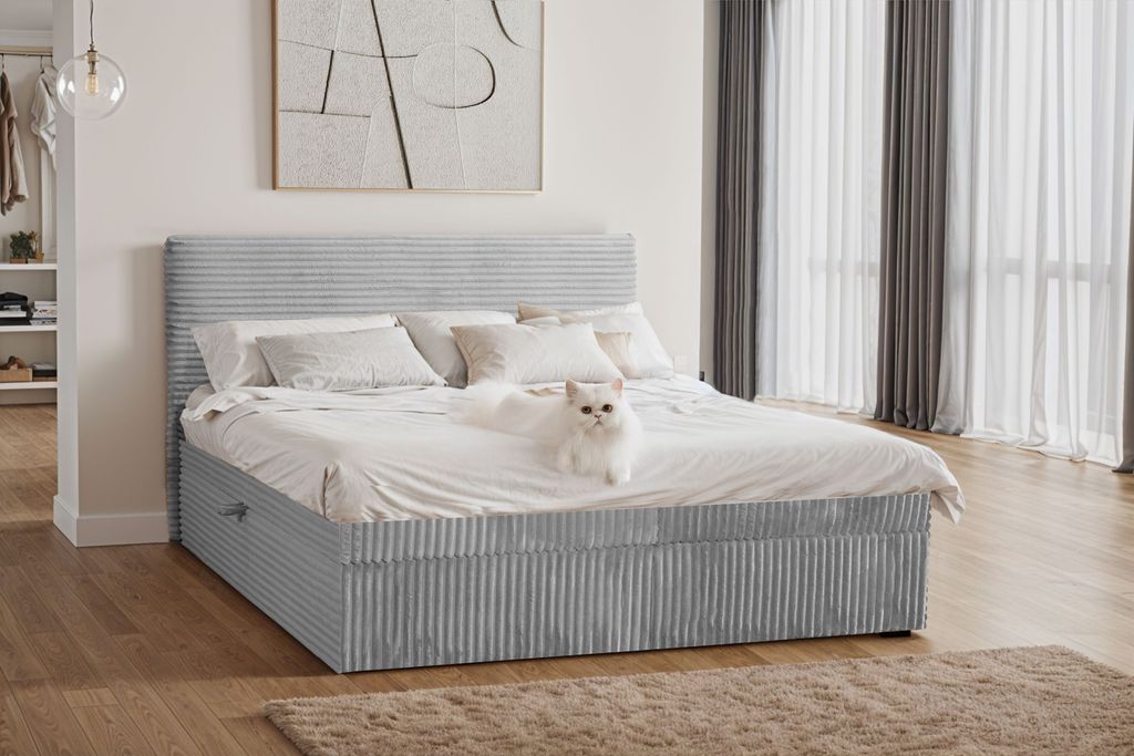 Kaiser Möbel Boxspringbett mit bettkasten und topper TRENTO, ohne Bein stoff Plüsch Cord 140x200 cm Grau H2-Pocket