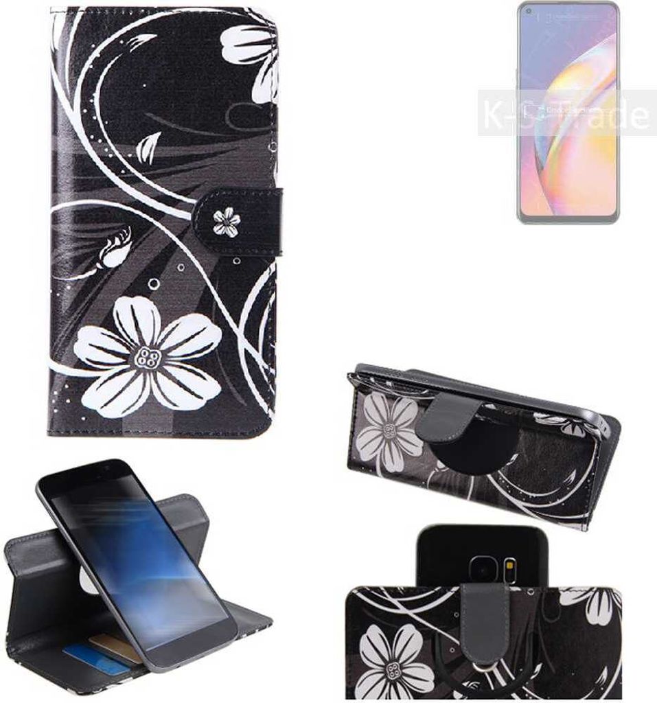K-S-Trade Schutzhülle Handyhülle kompatibel mit Oppo A94 Hülle 360° Wallet Case ''Flowers'' Klapphülle Hülle schwarz-weiß 1x