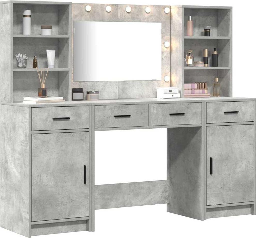 A vanity table with a mirror and lights, set against a neutral background.
