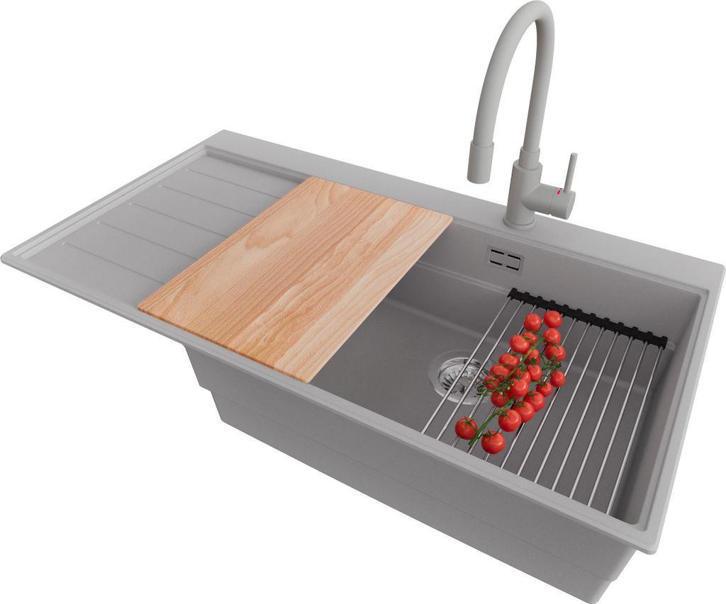PRIMAGRAN Granitspüle Grau 90x50cm, Spülbecken 1 Becken + Küchenarmatur 38x14cm + Ablauf-Set + Küchenzubehörset, Küchenspüle ab 60er Untersc...