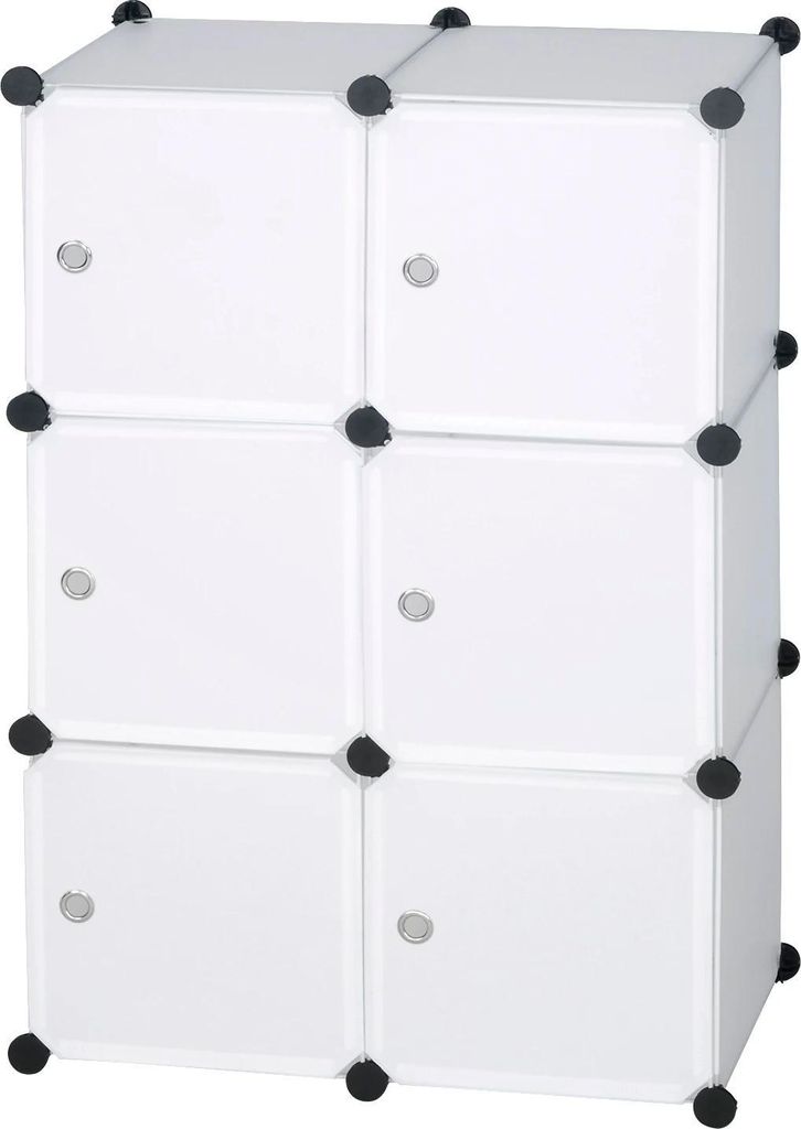 Modularer Kleiderschrank - Kunststoff Aufbewahrungsregal - 6 Fächer mit Türen - Schiebetür - 96 x 30 x 96 cm - Weiß
