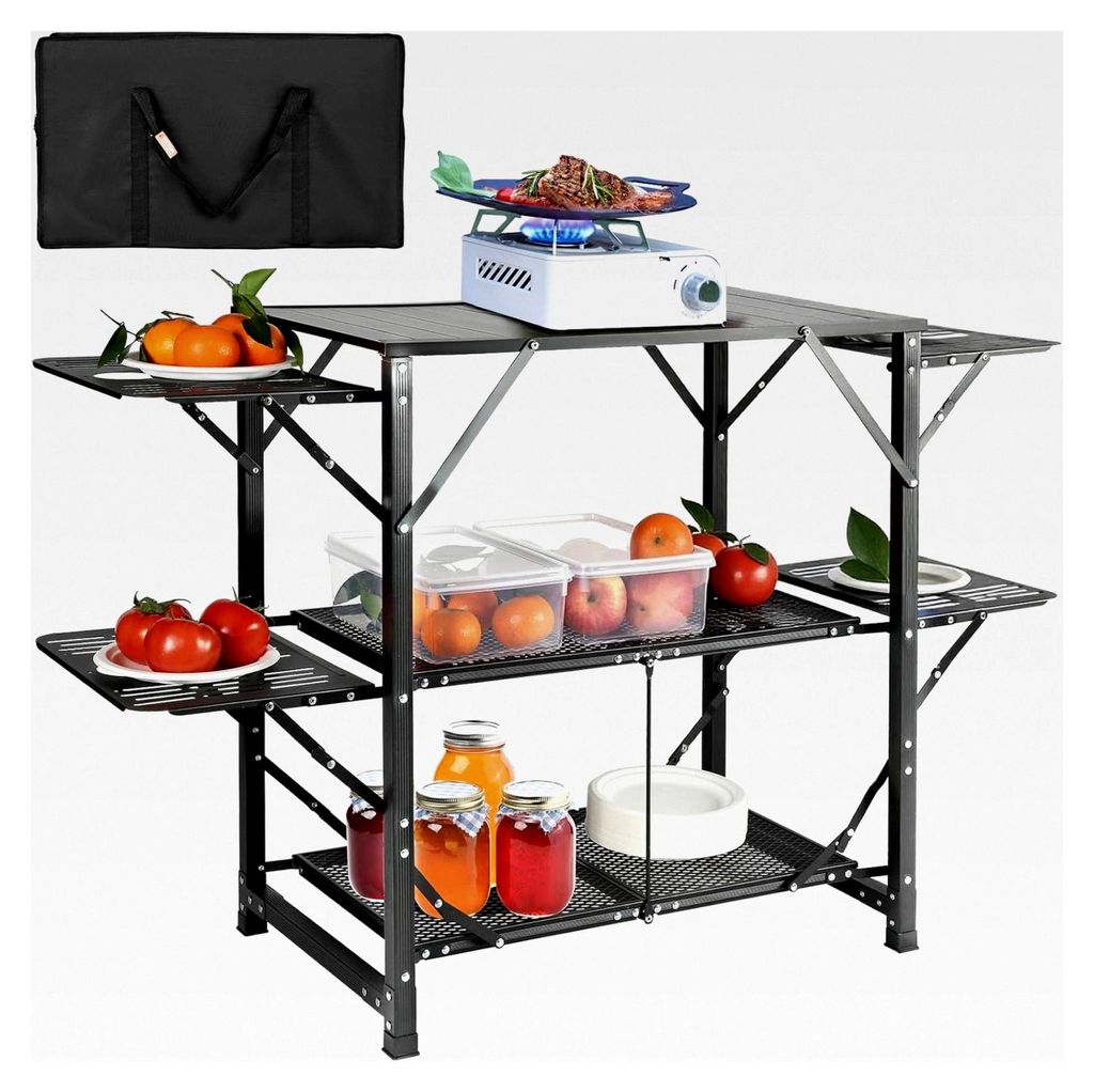 Camping-Küchentisch aus Aluminium, faltbar und tragbar, Outdoor-Kochstation mit 4 Seitentischen, 2 Regalen und Tragetasche, schnelle Montage für ...