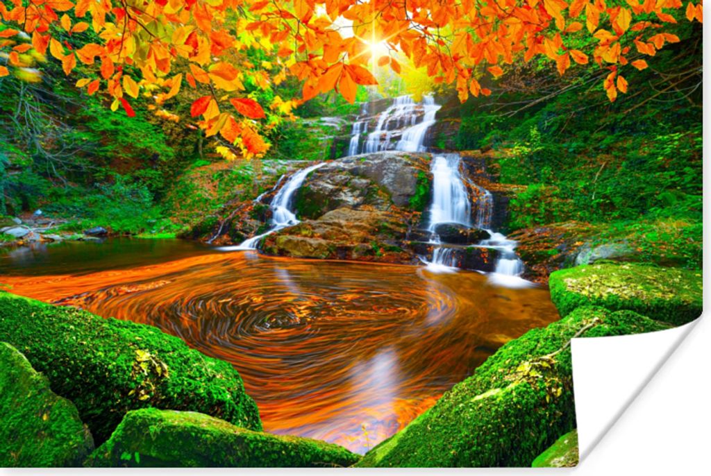 MuchoWow Poster Natur - Wasserfall - Steine - Moos - Blätter - Grün 90x60 cm - Schlafzimmer