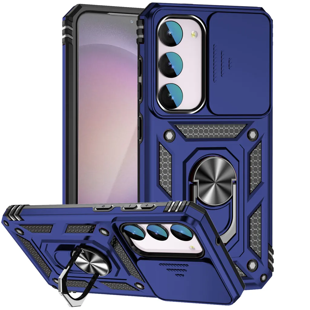 Custodia per Samsung Galaxy S23 FE a doppio strato con copertura scorrevole della fotocamera e supporto ad anello blu