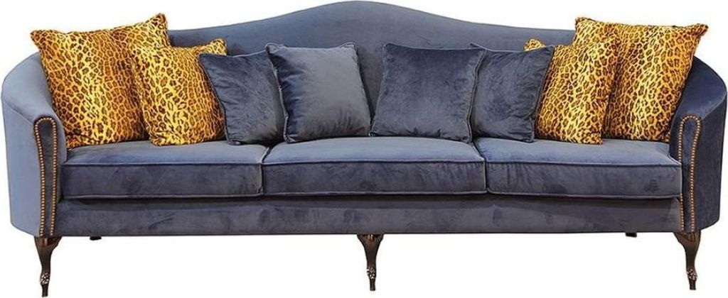 Casa Padrino Luxus Barock Samt Sofa Blau / Dunkelbraun 280 x 90 x H. 100 cm - Edles Wohnzimmer Sofa mit dekorativen Kissen - Barock Wohnzimmer Möb...