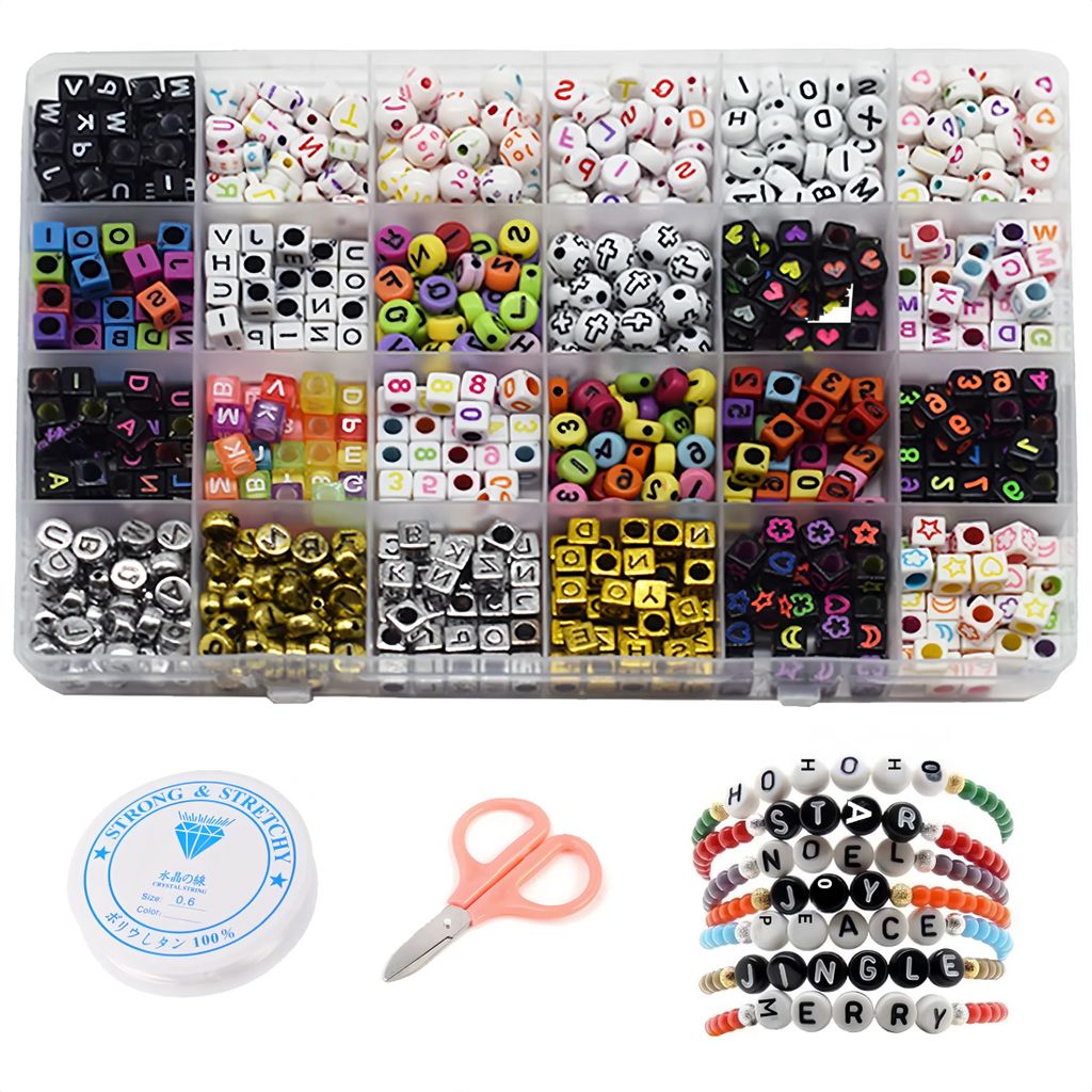 Sonstiger Bastelschmuck, Perlen Ketten und Armband Set, DIY Handwerk für Kinder mit Aufbewahrungsbox, Etwa 1080 Alphabetperlen DIY-Armbandperlen-Set