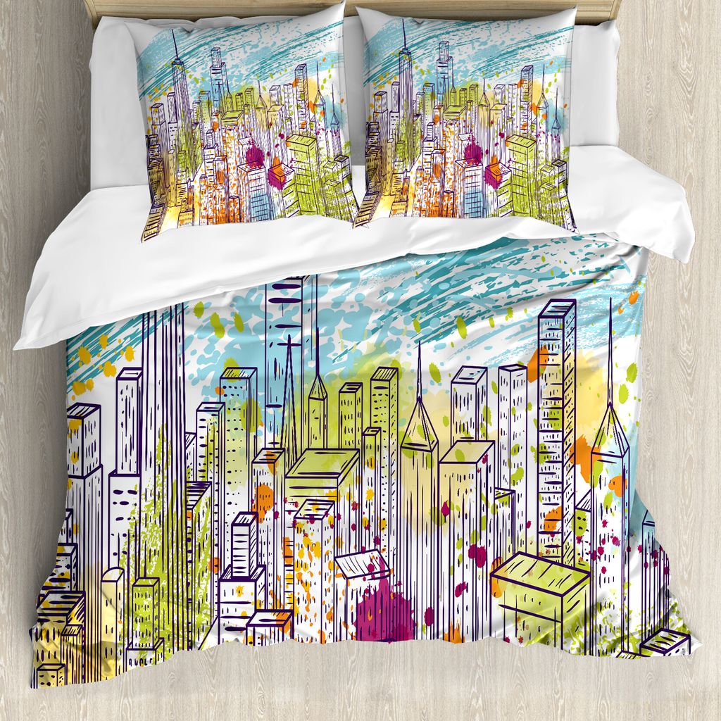 ABAKUHAUS New York Bettbezug, Landschaft Skyscrapes, Milbensicher Allergiker geeignet mit Kissenbezügen, 155 cm x 220 cm - 80 x 80 cm, Gelb und Hi...