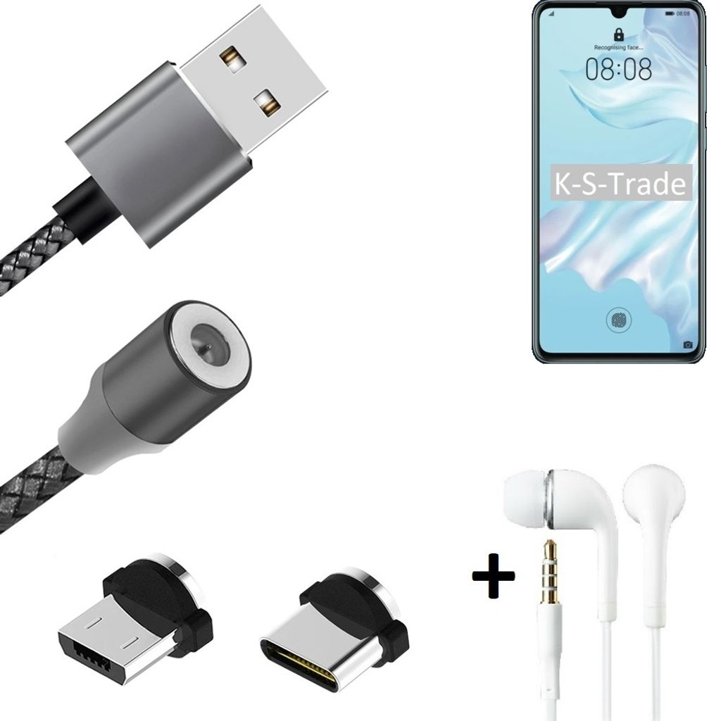 K-S-Trade Hochwertiges Magnet-Lade-kabel Sync-Kabel Daten-Kabel + Kopfhörer kompatibel mit Huawei P30 Pro mit USB-Typ-C-Anschluss und