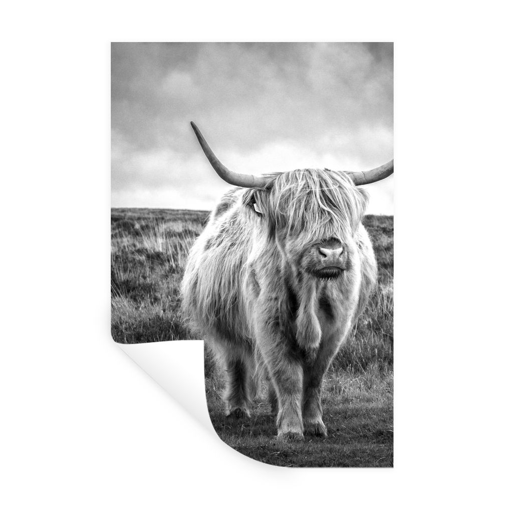 MuchoWow Wandtattoo Wandsticker Wandaufkleber Schottischer Hochländer - Tiere - Wolken - Kuh - Natur 40x60 cm Selbstklebend und Repositionierbar...