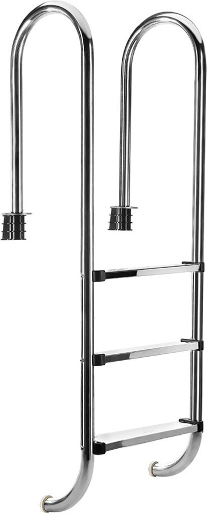 A stainless steel pool ladder with three steps is shown against a white background.