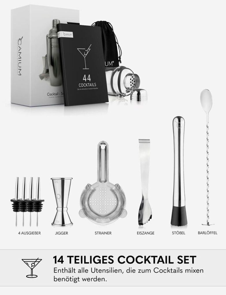 14-teiliges Cocktail-Shaker-Set Aus Edelstahl – Mit Messbecher, Sieb, Löffel & Mehr | Perfekt Für Home-Bar & Partys