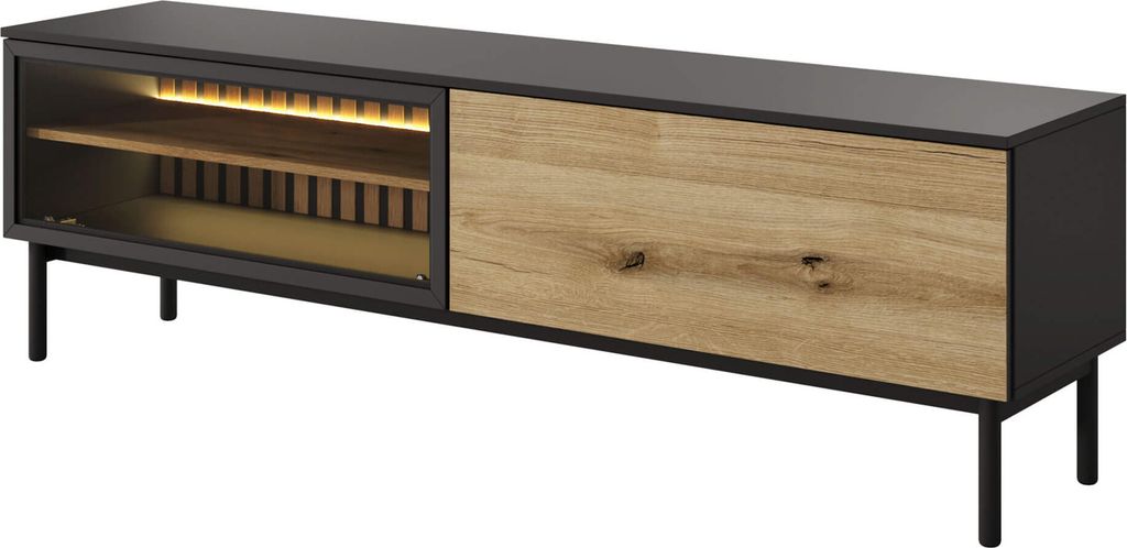 TV-Ständer 180 cm DEMOPOLIS – Eiche evoke / Schwarz + GRATIS LED-Beleuchtung