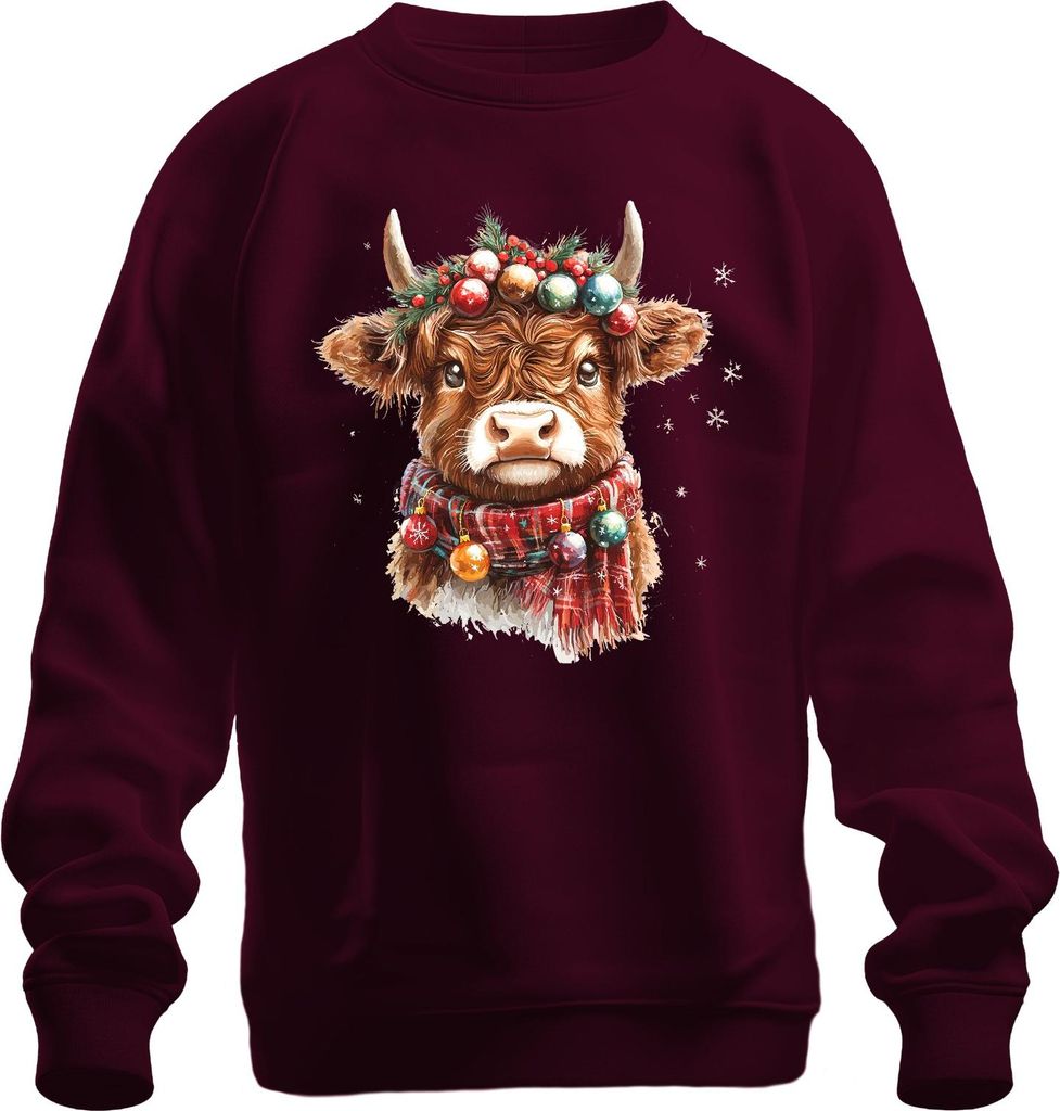 Highland Kuh Weihnachtskranz Weihnachtskugeln Schal Schneeflocken Uni Sweatshirt Pullover, Burgundy, M