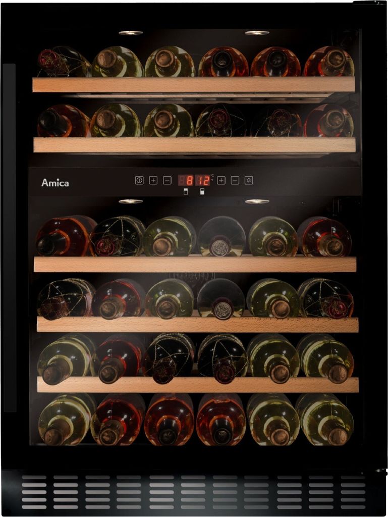 A wine cooler filled with bottles of wine.