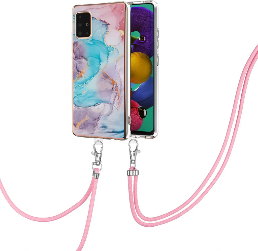Custodia con cinturino per Samsung Galaxy A51 5G, custodia in TPU a fantasia con cinturino regolabile blu
