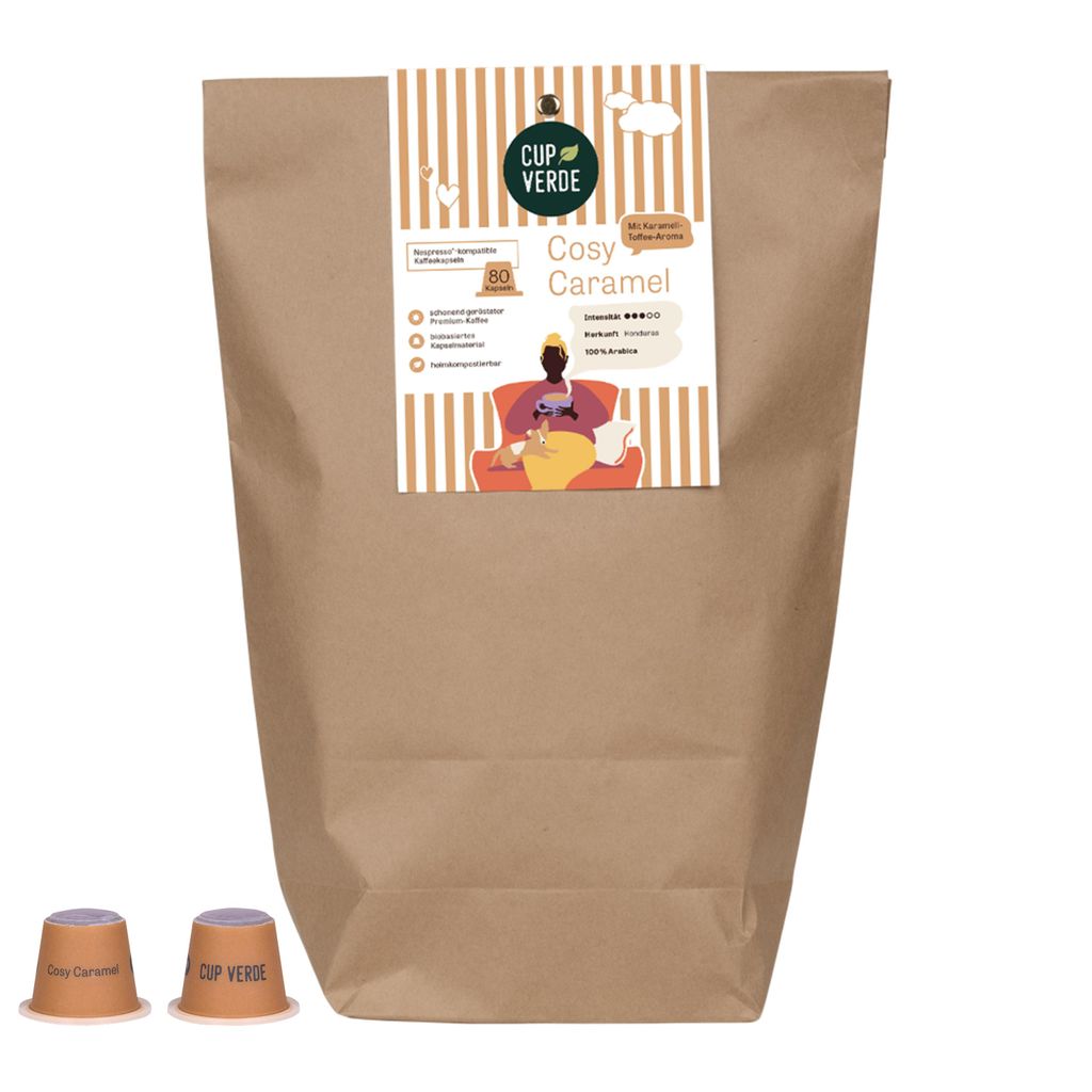 CUP VERDE – 80 nachhaltige KARAMELL Kaffeekapseln - kompatibel mit Nespresso* - COSY CARAMEL mit feinem Karamell Toffee Aroma - heimkompostierbar